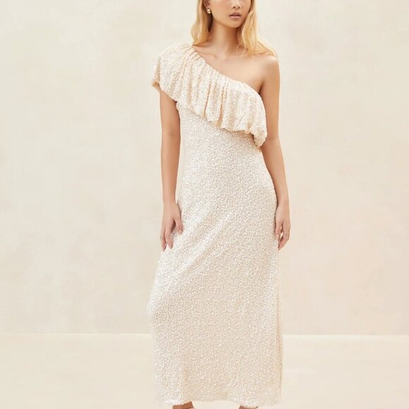 Loeffler Randall Cora Cream Stretch Sequin One Shouder Maxi Dress Gown 8 NWT